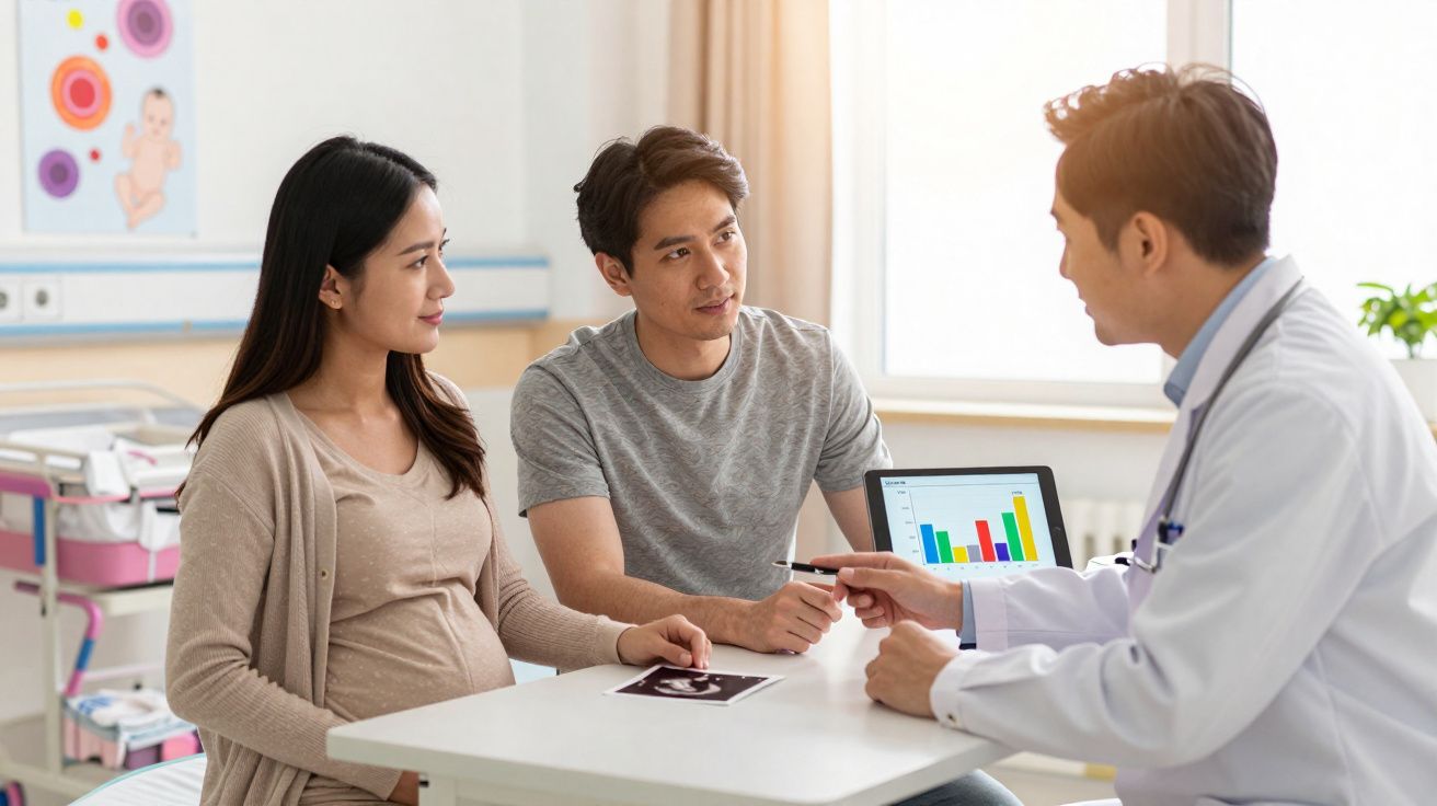Casal grávido consulta médico que mostra gráficos num tablet numa clínica com ecografia na mesa.