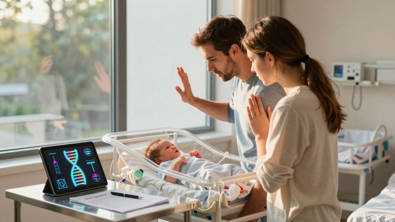 Pais a cumprimentar o bebé num berço hospitalar, com imagens de ADN num tablet ao lado.
