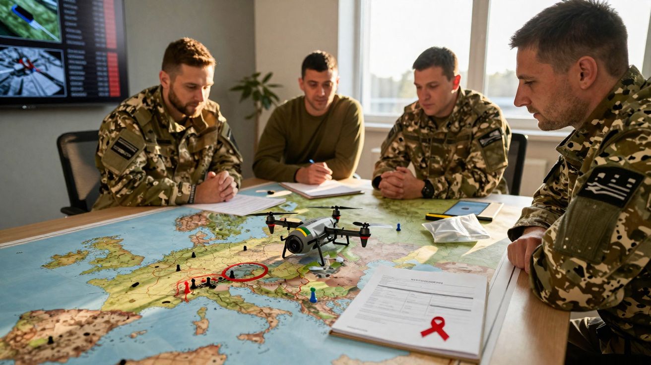 Quatro militares em uniforme militar planeiam estratégia sobre mapa da Europa com drone e documentos na mesa.