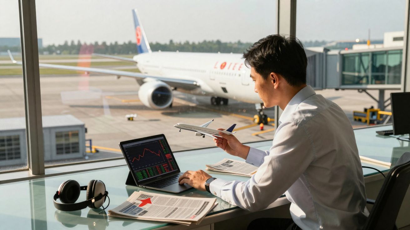 Homem sentado junto a janela no aeroporto a analisar gráficos no computador e segurar modelo de avião.