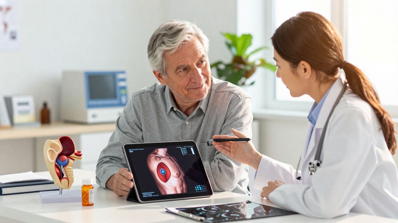 Médica explica exame cardiológico a paciente idoso com tablet e modelo anatómico do coração na mesa.