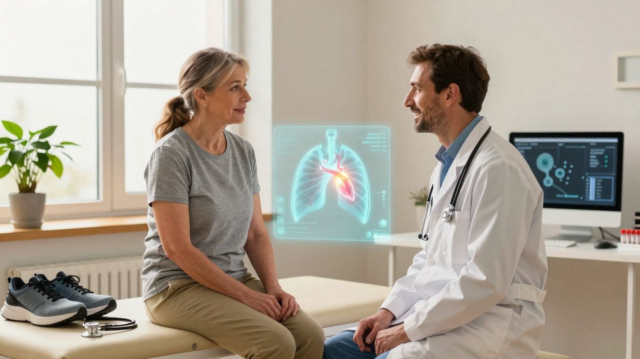 Mulher sentada a falar com médico numa consulta com holograma do coração e pulmões visível.