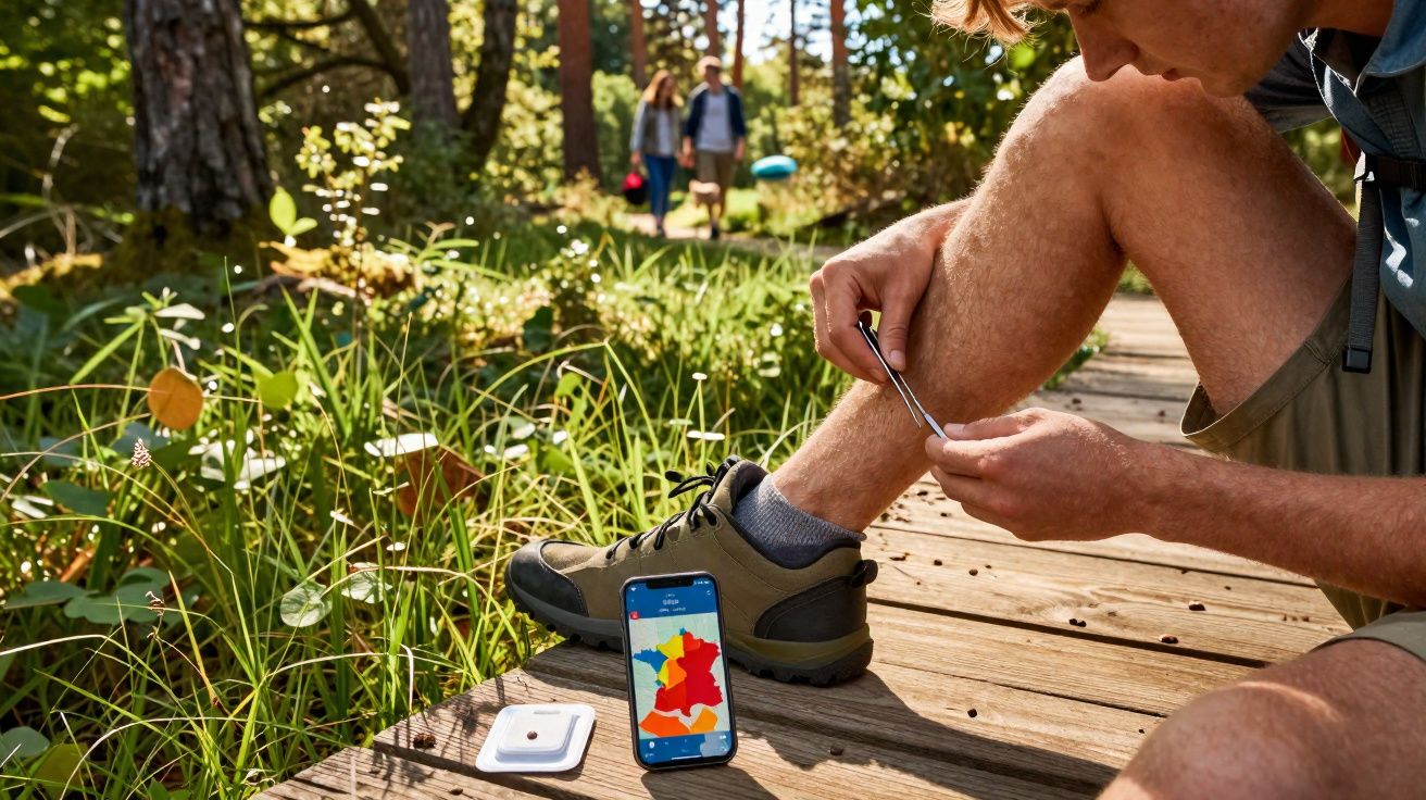 Homem sentado numa passadeira em floresta, a usar ferramenta para remover caco da perna, com telemóvel e caixa no chão.