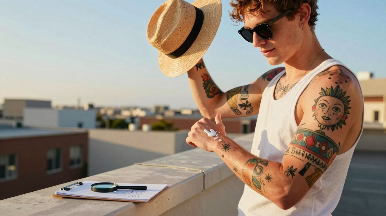 Homem com tatuagens e óculos escuros aplica creme solar enquanto segura chapéu num terraço urbano ao pôr do sol.