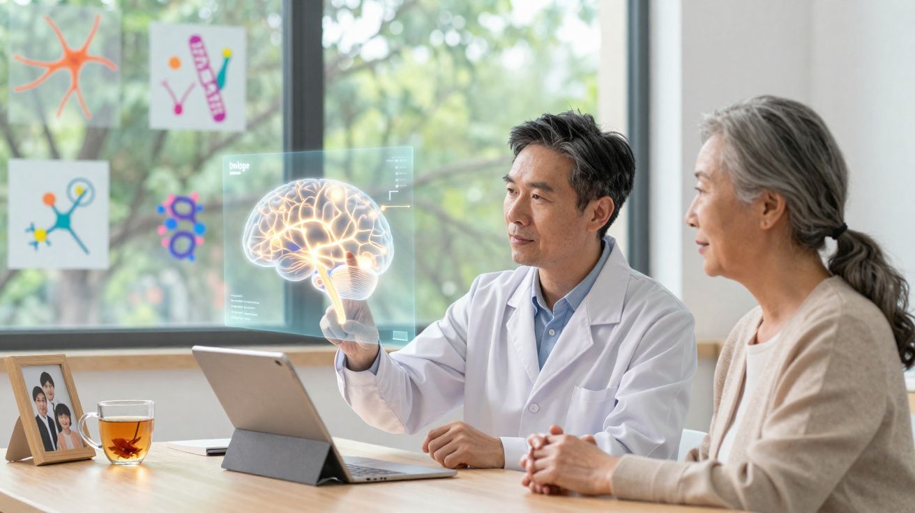 Médico em consulta com paciente sénior, mostrando imagem digital do cérebro numa mesa com chá e tablet.