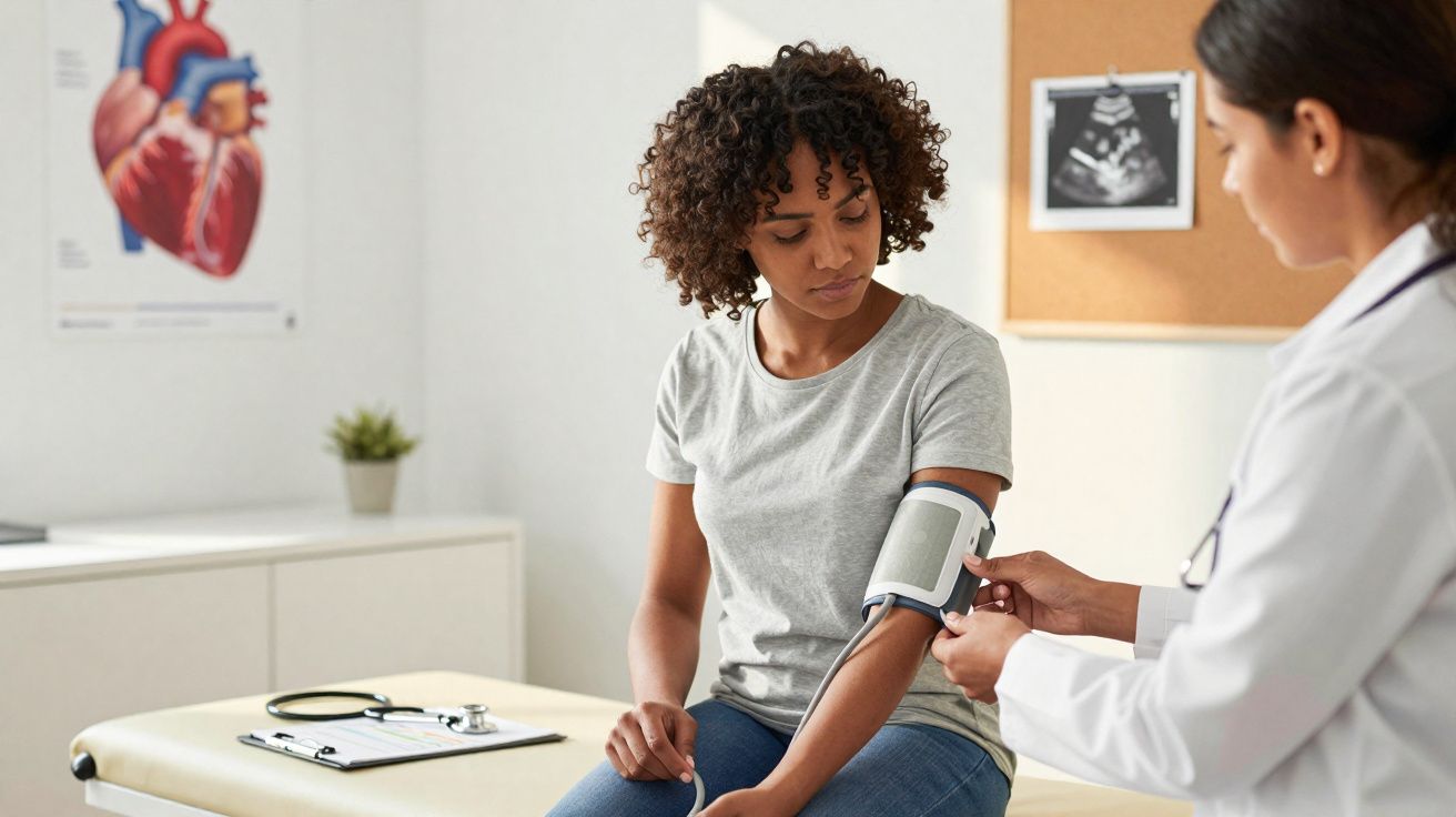 Paciente a ter a pressão arterial medida por médica num consultório clínico.