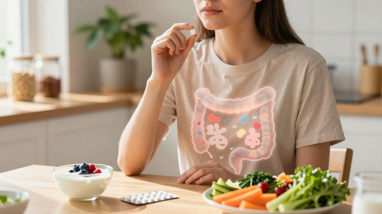 Mulher a tomar suplemento com ilustração do intestino e bactérias, ao lado de alimentos saudáveis na cozinha.