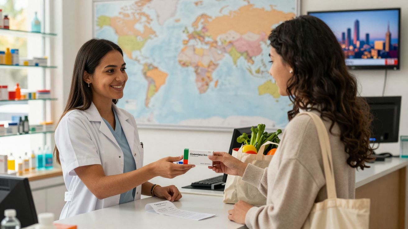 Farmacêutica a entregar medicamento a cliente junto ao balcão com saco de compras e mapa mundi ao fundo.