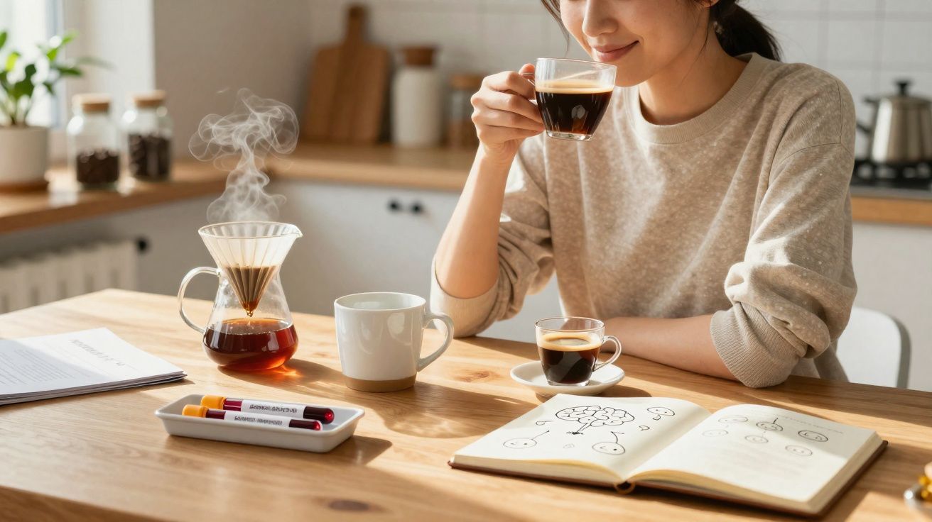 Mulher a beber café numa cozinha, com jarro de café, canecas, caderno aberto e marcadores na mesa de madeira.