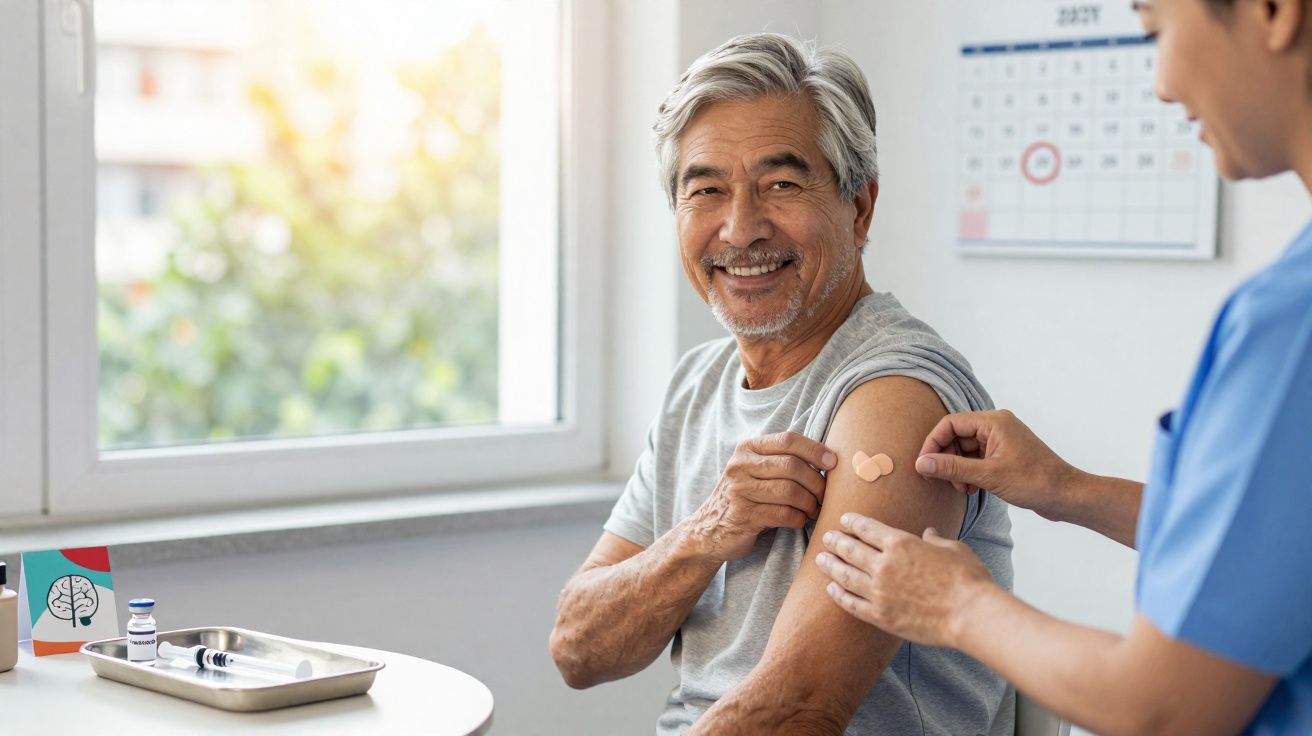 Homem idoso sorri após receber vacina, enquanto profissional de saúde aplica curativo no braço.