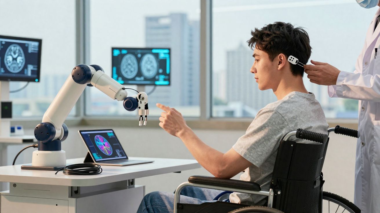 Homem em cadeira de rodas interage com robô controlado por médico com equipamento neurológico.
