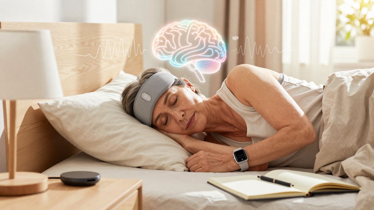 Mulher adulta a dormir com faixa de monitorização cerebral e desenho digital do cérebro sobre a cama.