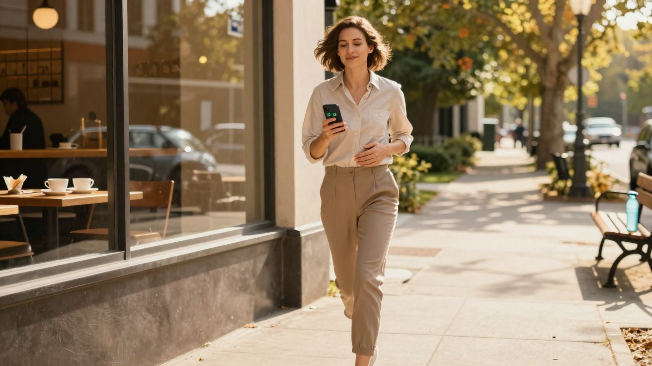 Mulher a caminhar na calçada com telemóvel na mão, ao lado de café com mesas e cadeiras.