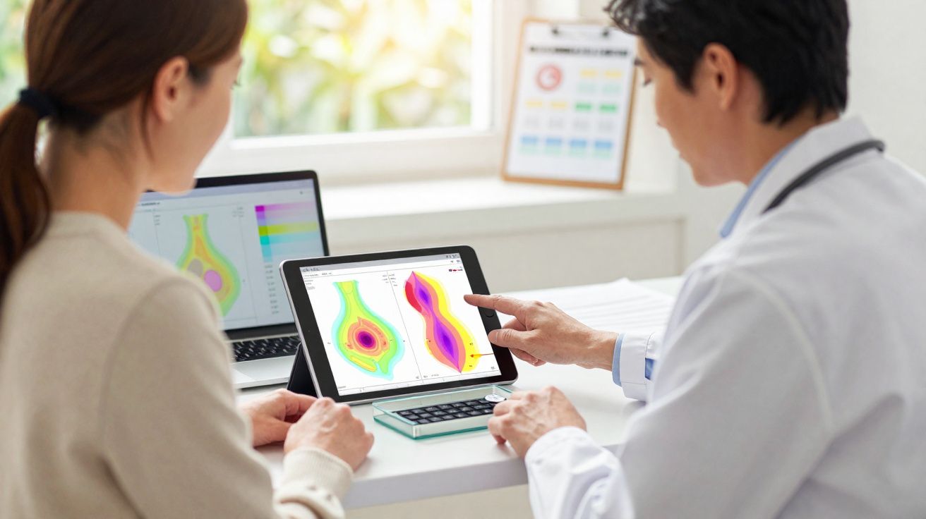 Médico e paciente analisam imagens coloridas de exames em tablet e computador num consultório iluminado.