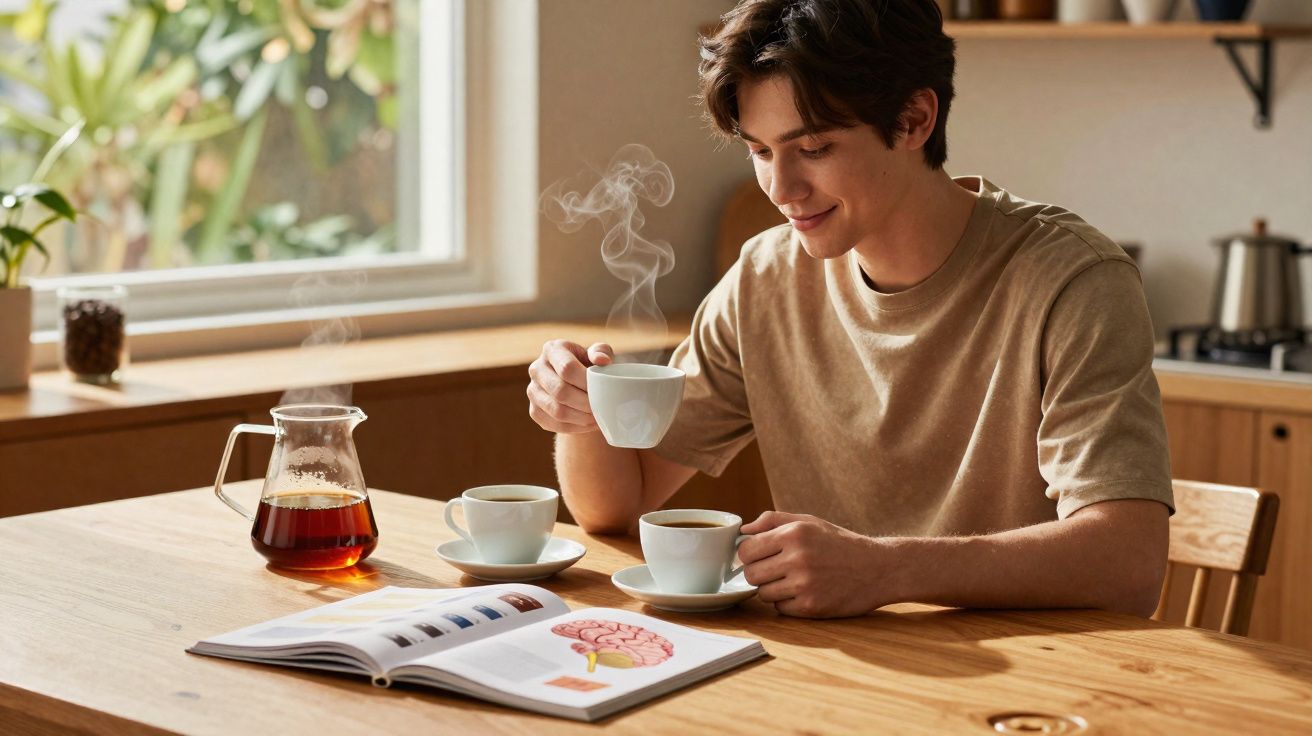 Homem sentado a beber café quente enquanto lê um livro ilustrado numa cozinha luminosa.