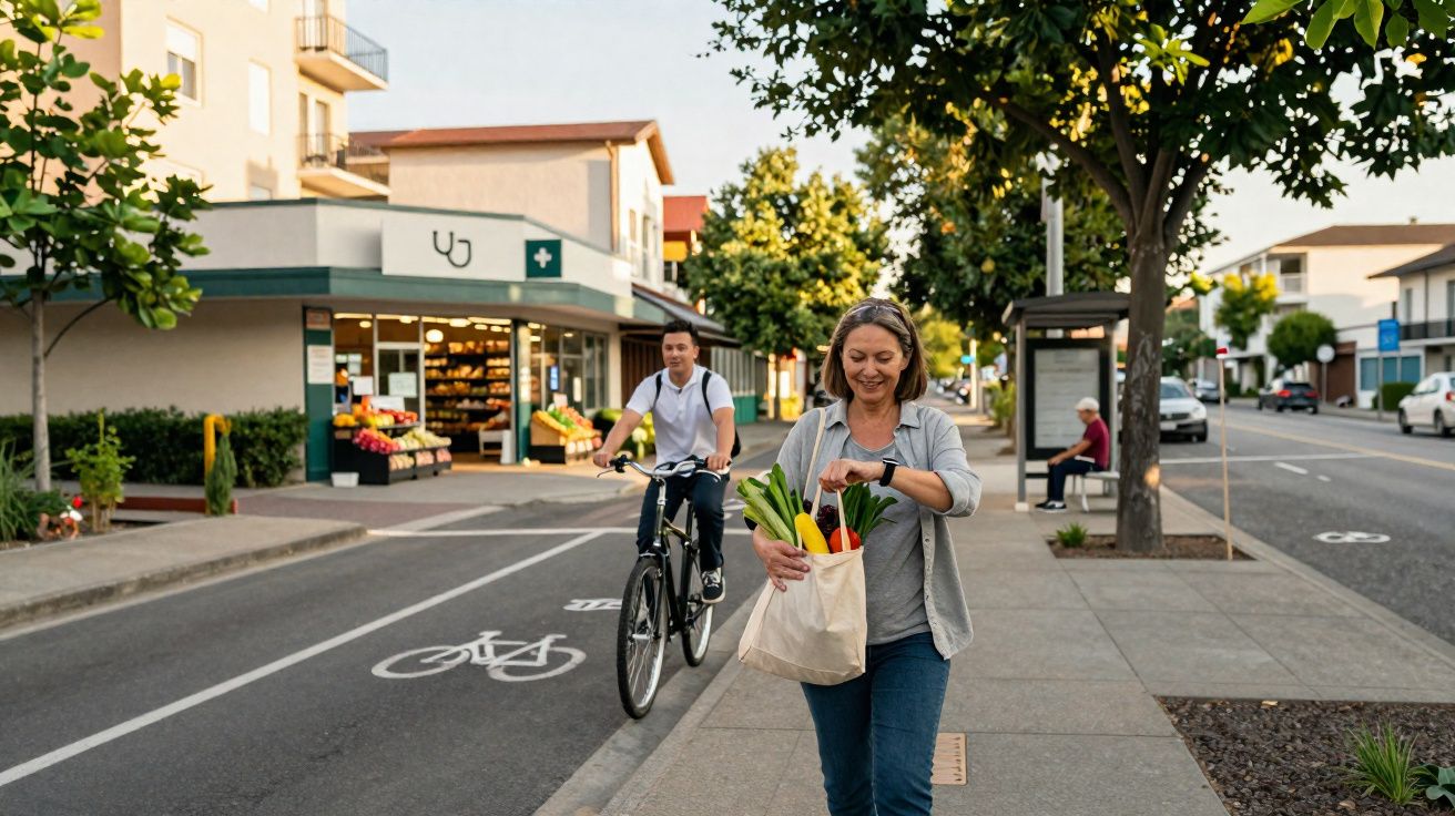 Mulher a caminhar na rua com saco de compras, homem a pedalar em ciclovia atrás, ambiente urbano.