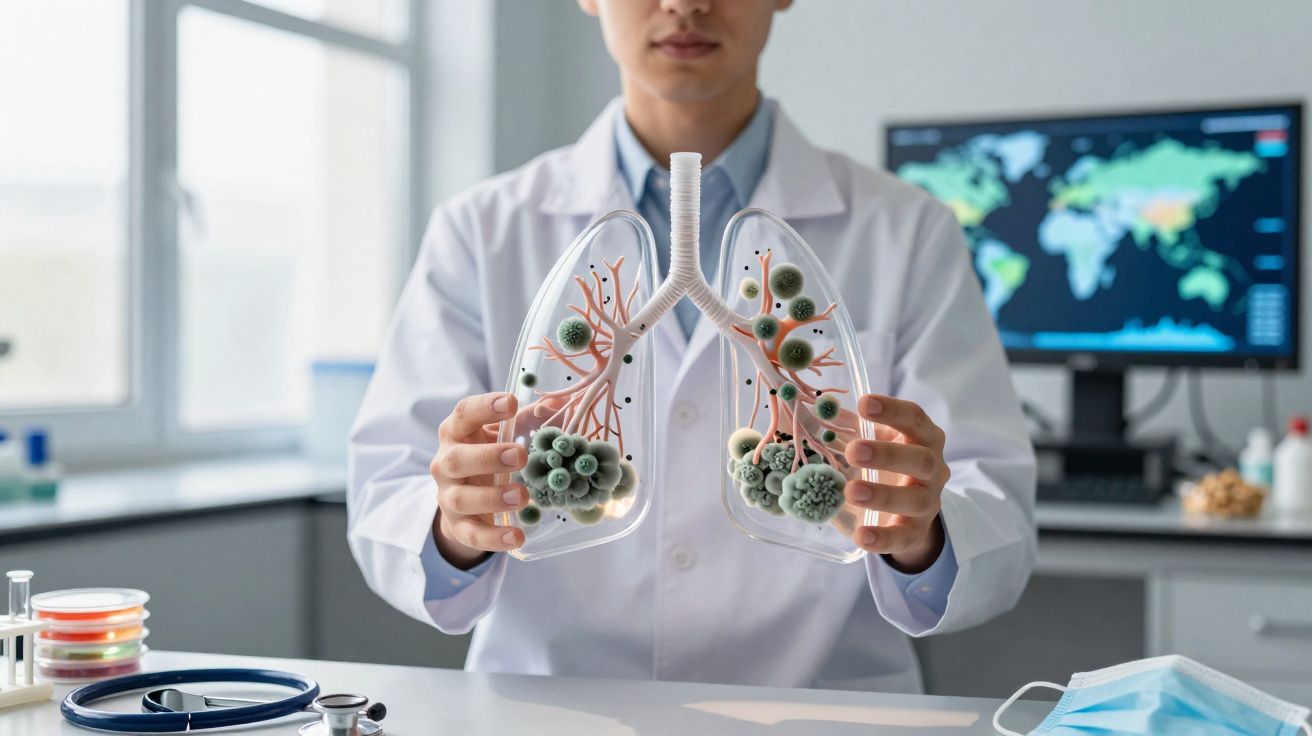 Cientista médica segura modelo transparente de pulmões com fungos, em laboratório moderno com computador ao fundo.