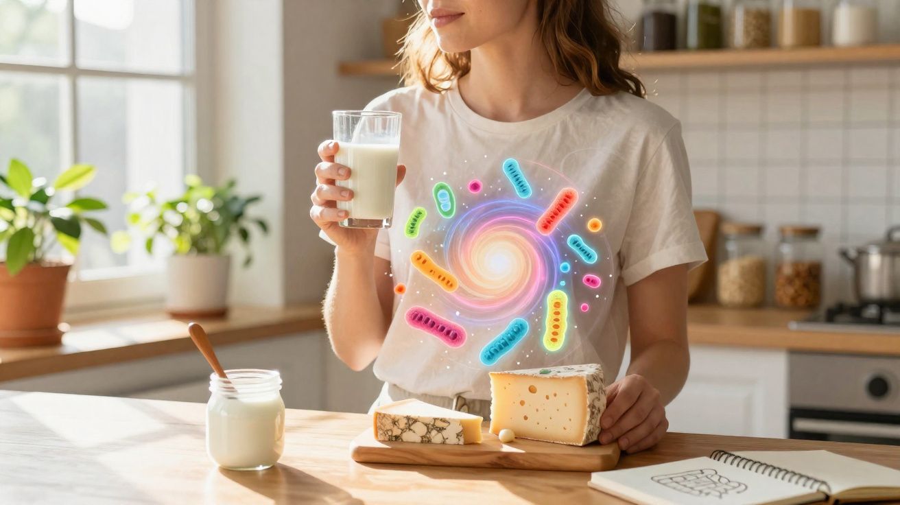 Mulher segura copo de leite e queijo, com ilustração colorida de probióticos no peito.