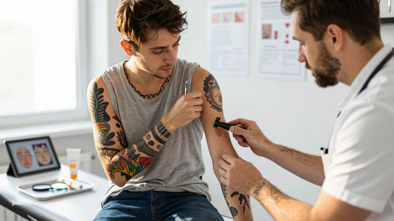 Paciente com tatuagens a ser examinado num consultório médico por um profissional de saúde.