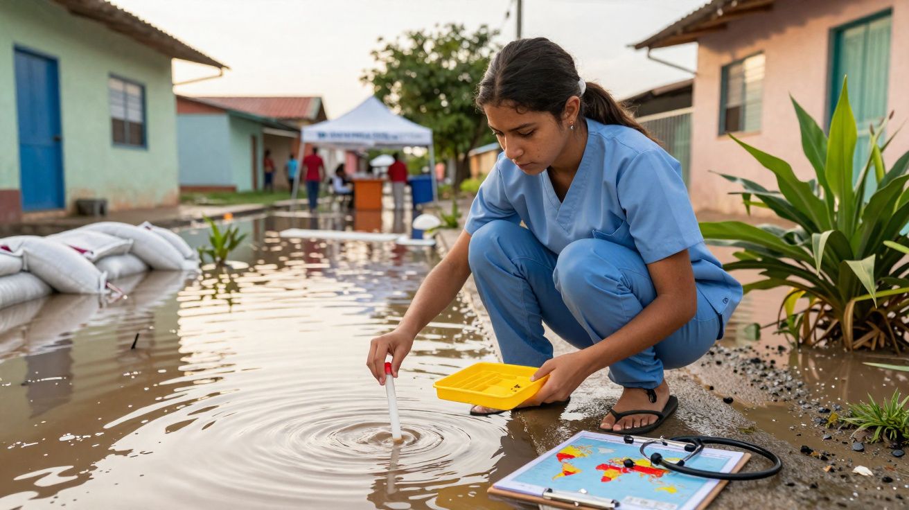 Profissional de saúde coleta amostra de água numa zona alagada em comunidade residencial.
