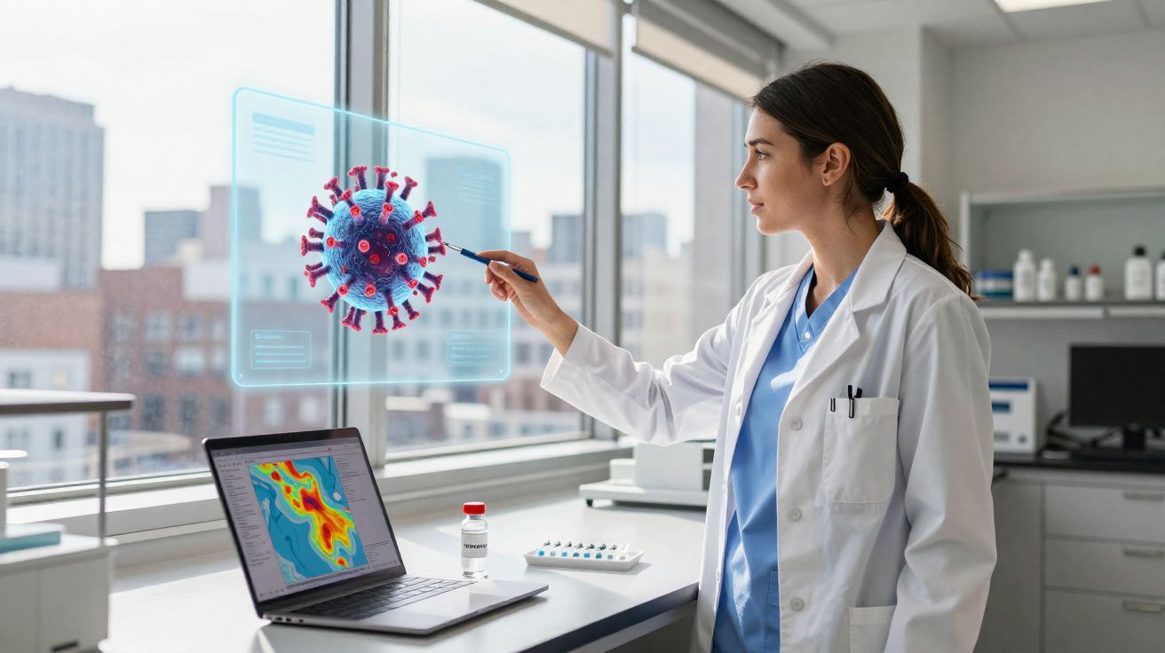 Cientista a analisar modelo digital de vírus numa sala de laboratório com janelas grandes e laptop.