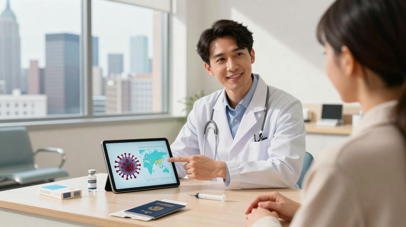 Médico asiático explica pandemia de coronavírus para paciente num consultório com vista para a cidade.