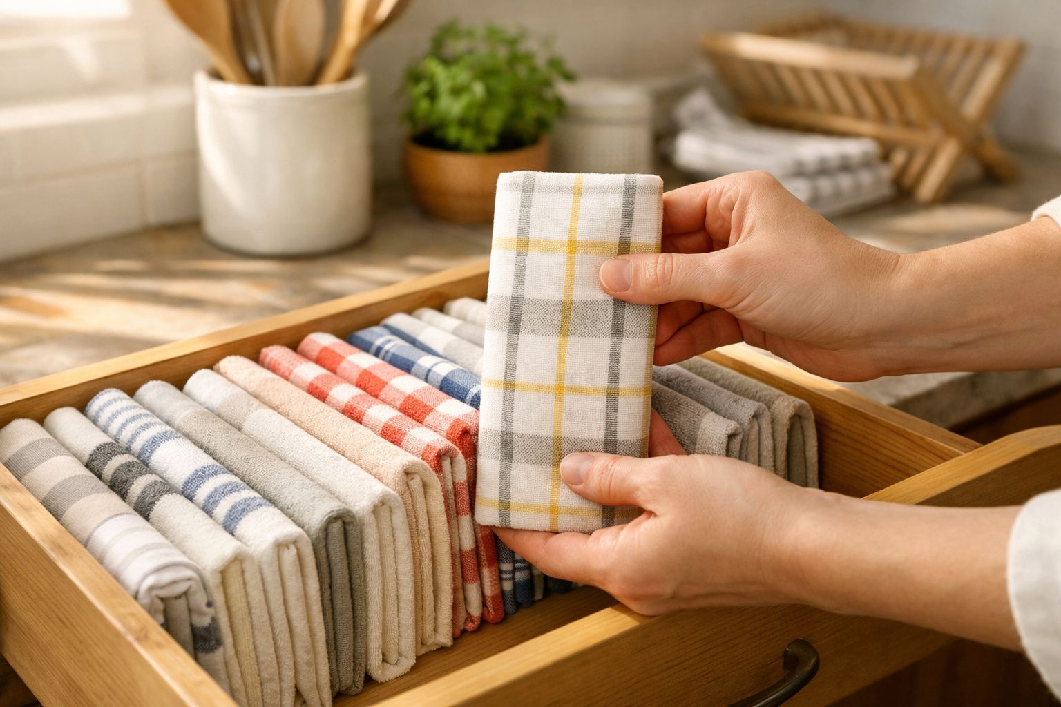 Mãos aorganizar panos de cozinha dobrados em gaveta de madeira, com padrões xadrez coloridos variados.