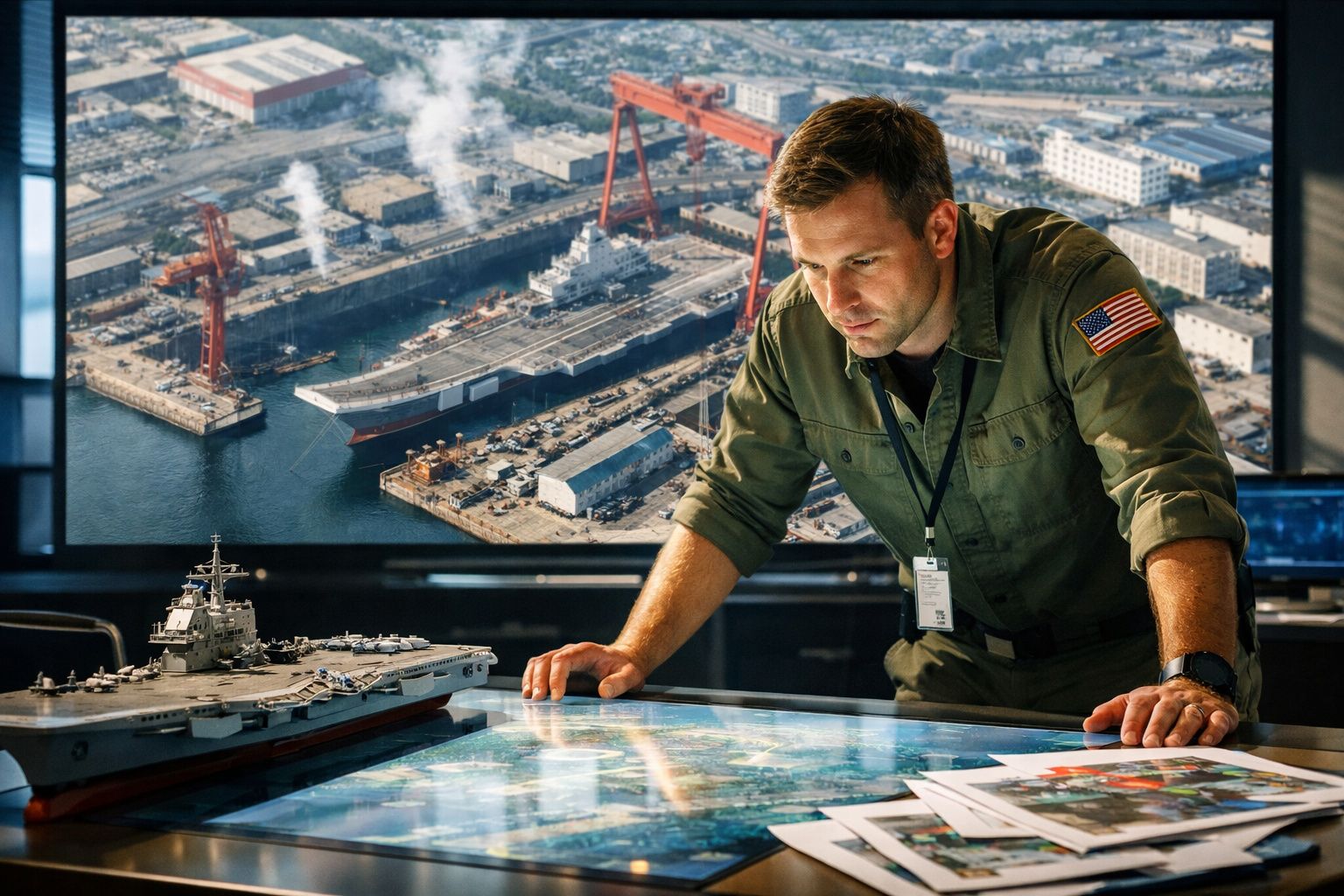 Homem em uniforme militar americano analisa mapas numa mesa iluminada com modelo de porta-aviões ao lado.