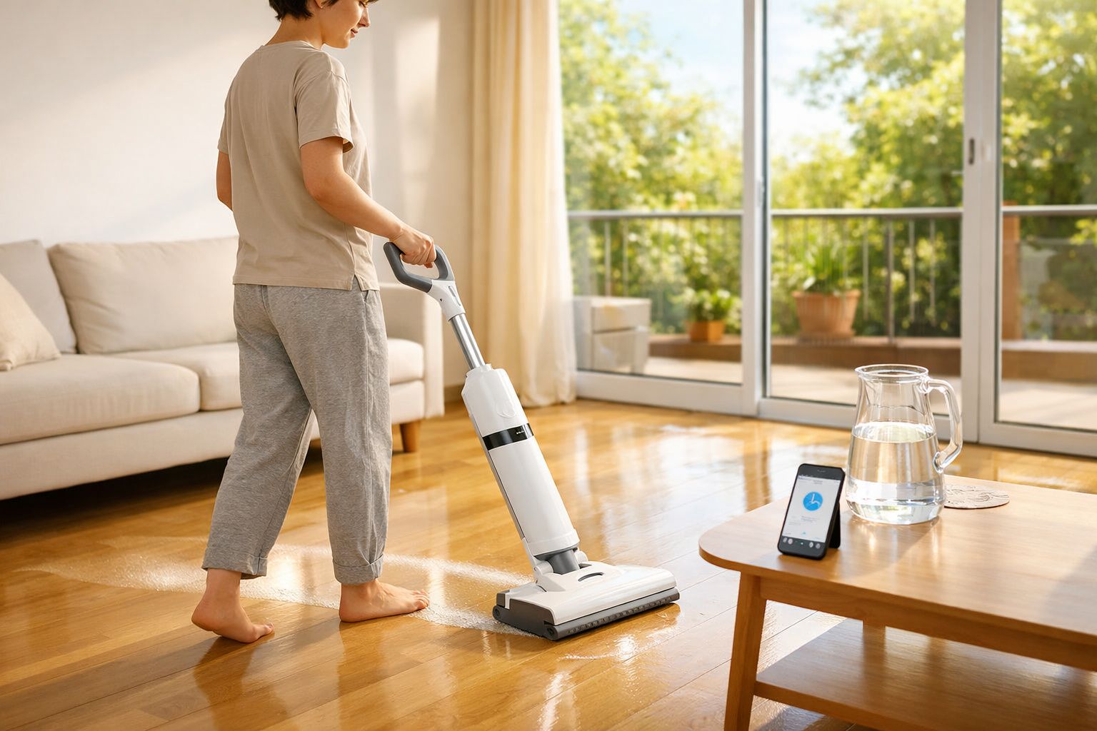 Pessoa a aspirar chão de madeira numa sala iluminada com sofá e mesa com jarro de água e smartphone.
