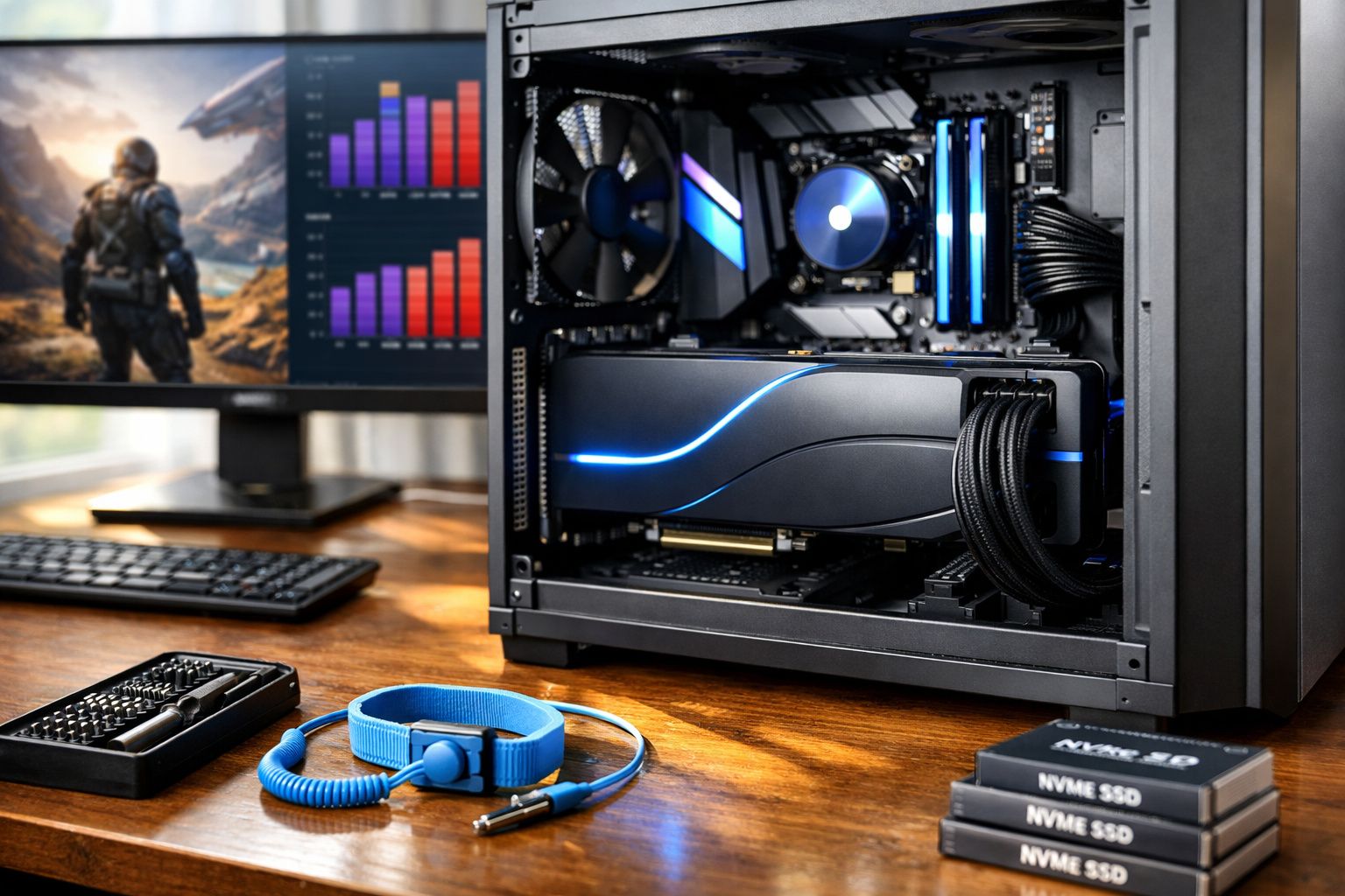 Computador gamer com componentes iluminados, auscultadores azuis e ecrã com jogo e gráficos.