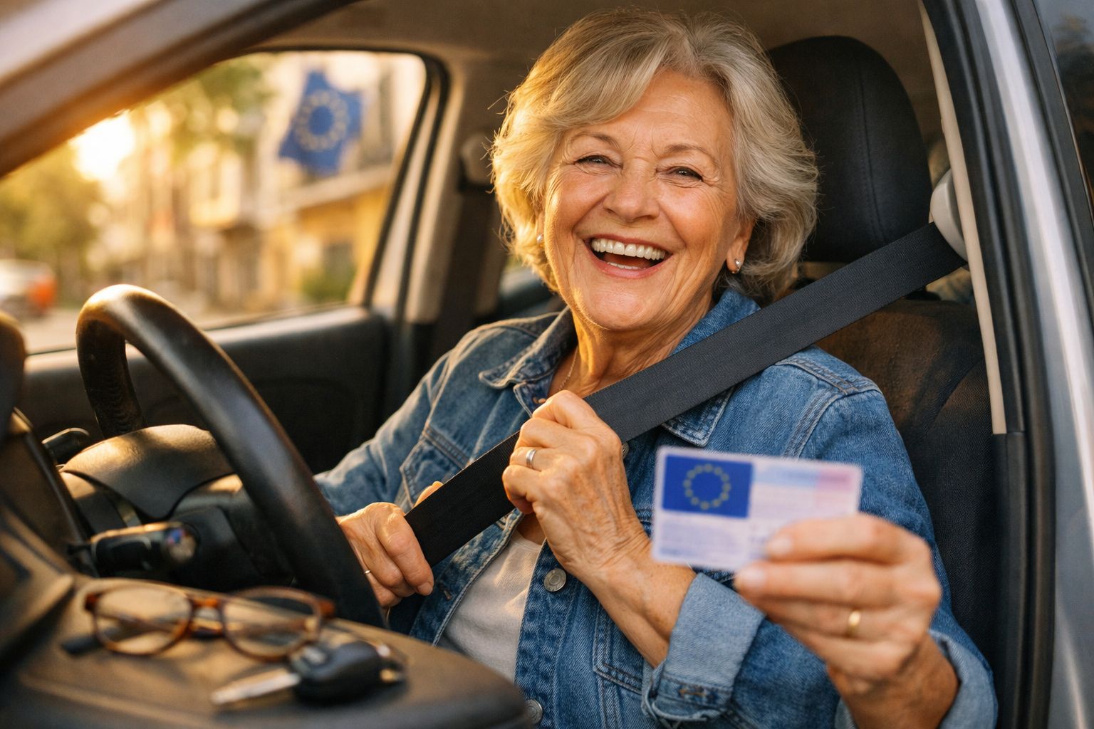 Mulher idosa sorridente no carro a colocar o cinto de segurança, a mostrar a carta de condução europeia.