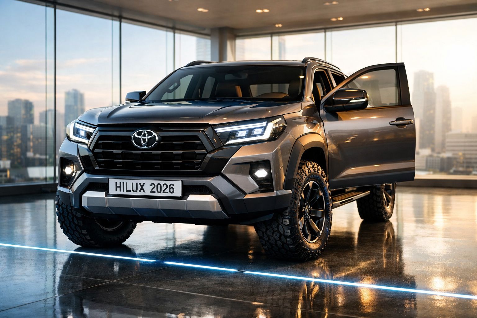 Toyota Hilux 2026 cinzento estacionado em interior moderno com porta dianteira direita aberta.