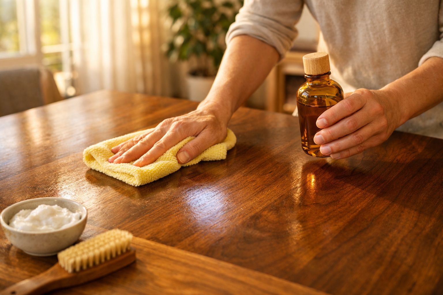 Pessoa a limpar mesa de madeira com pano amarelo e óleo de tratamento, com escova e creme à vista.