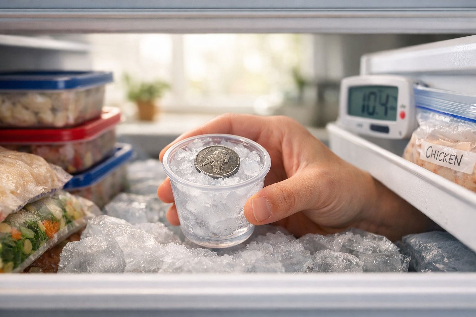 Mão dentro de congelador segura copo com gelo e moeda, rodeado por alimentos armazenados.