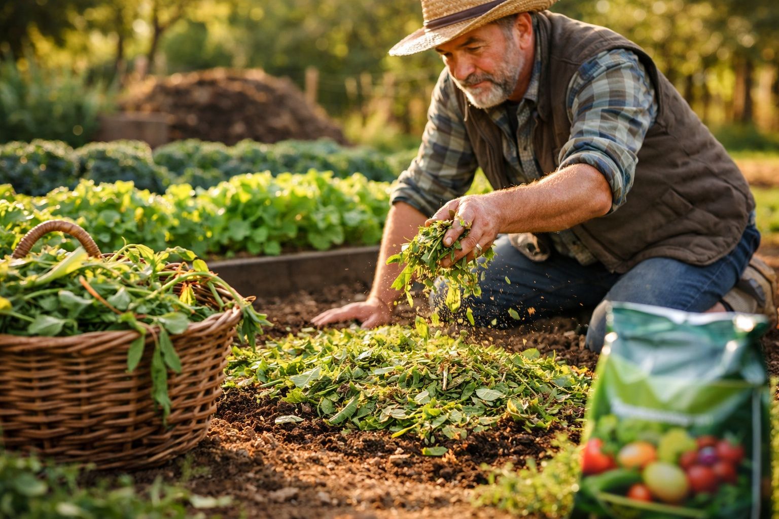 Homem a espalhar composto orgânico na terra de uma horta ao ar livre ao entardecer.
