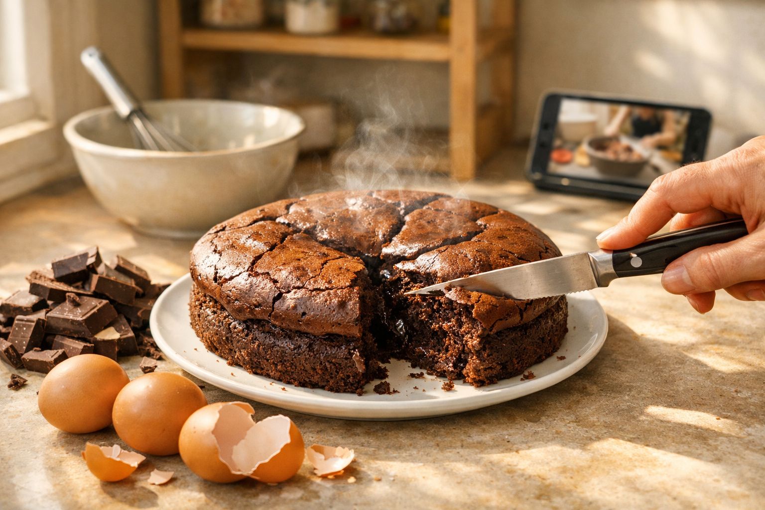 Bolo de chocolate acabado de cortar, com vapor a sair, rodeado de ovos e pedaços de chocolate numa mesa iluminada.