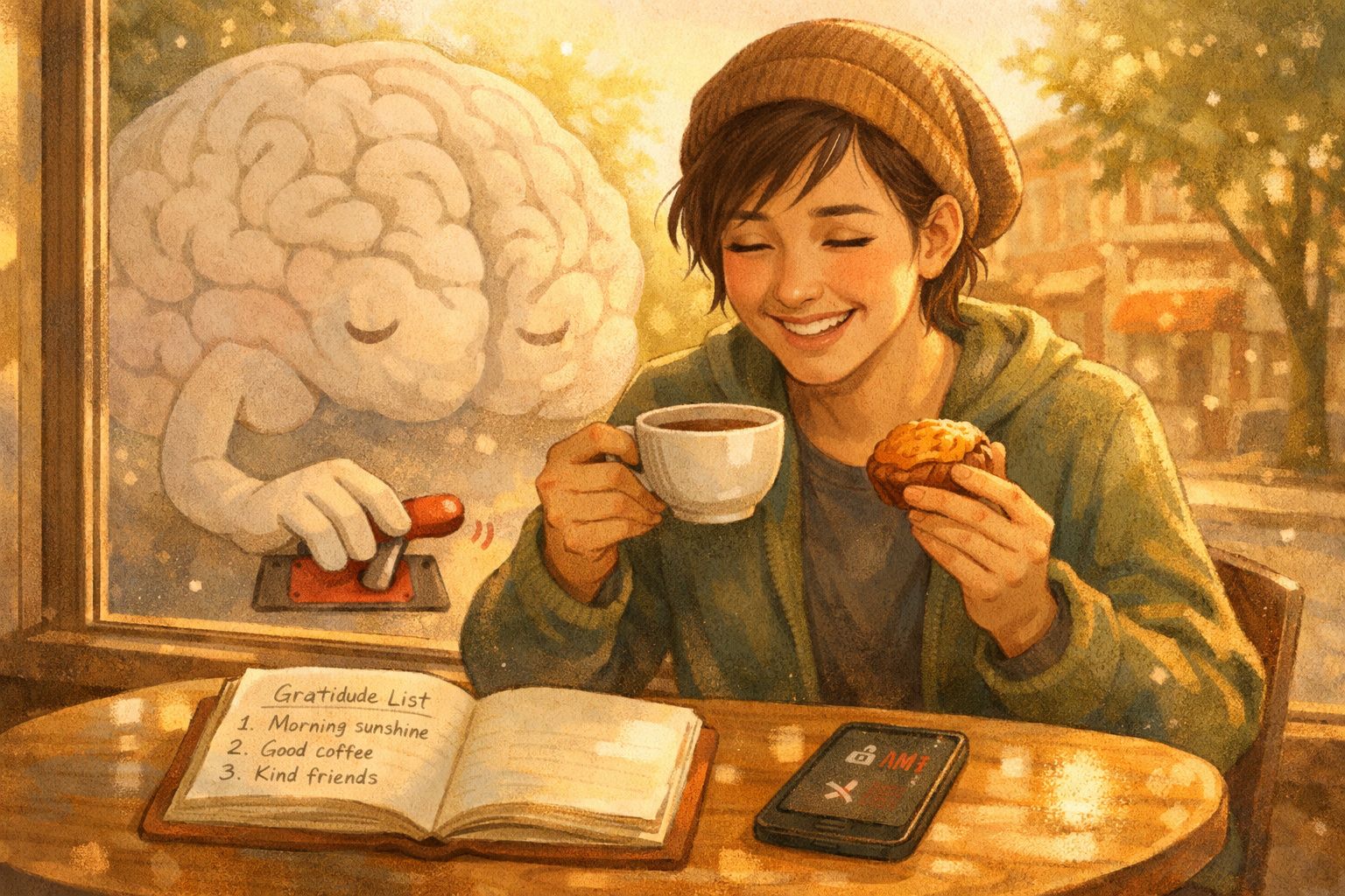 Rapaz sorri tomando café e comendo bolo, cérebro animado liga interruptor junto à janela iluminada.