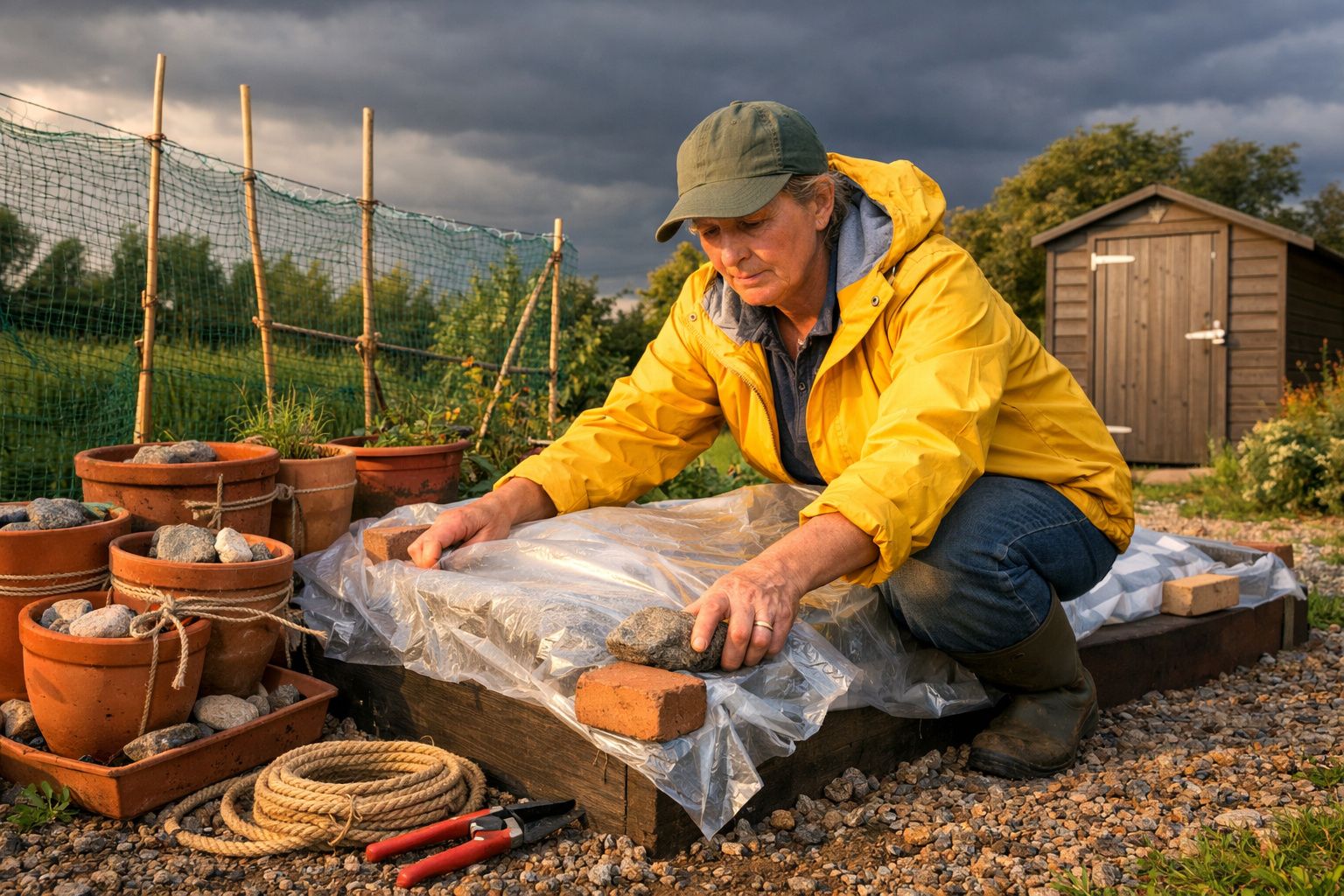 Pessoa a proteger canteiro de jardim com plástico e pedras, vestindo casaco amarelo e boné verde.