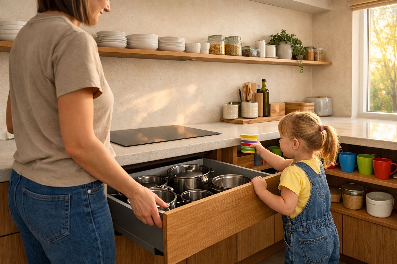 Criança e adulto na cozinha a abrir gaveta com tachos, com luz natural a entrar pela janela.