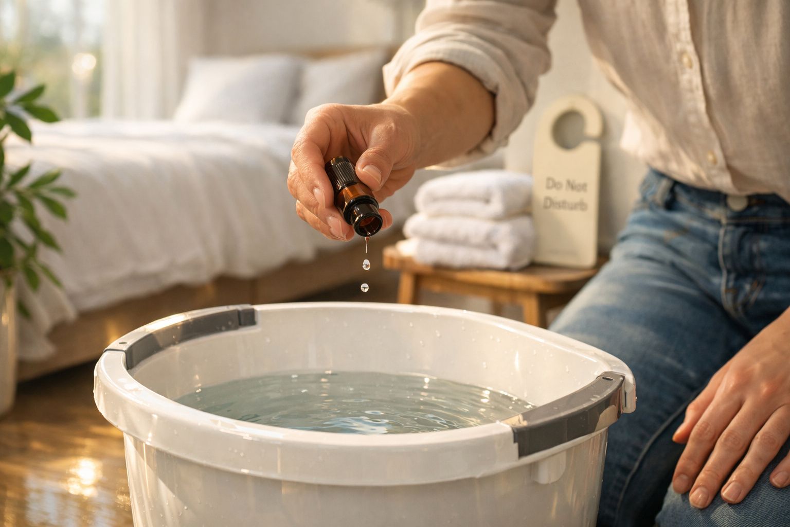 Pessoa a colocar gotas de óleo essencial numa bacia com água para relaxamento em ambiente doméstico.