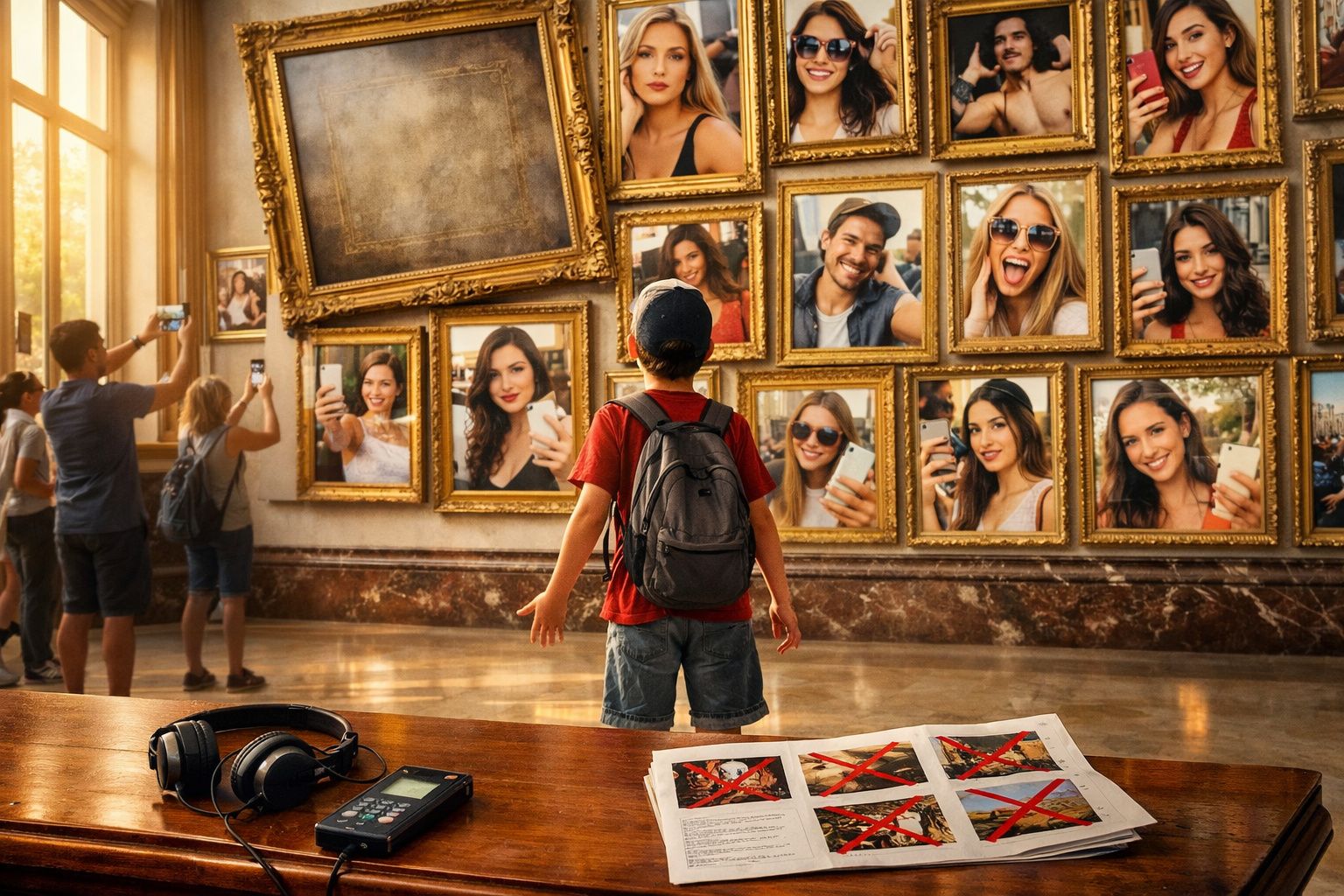 Criança observa quadro com várias fotografias emolduradas de pessoas a tirar selfies, numa galeria de arte.