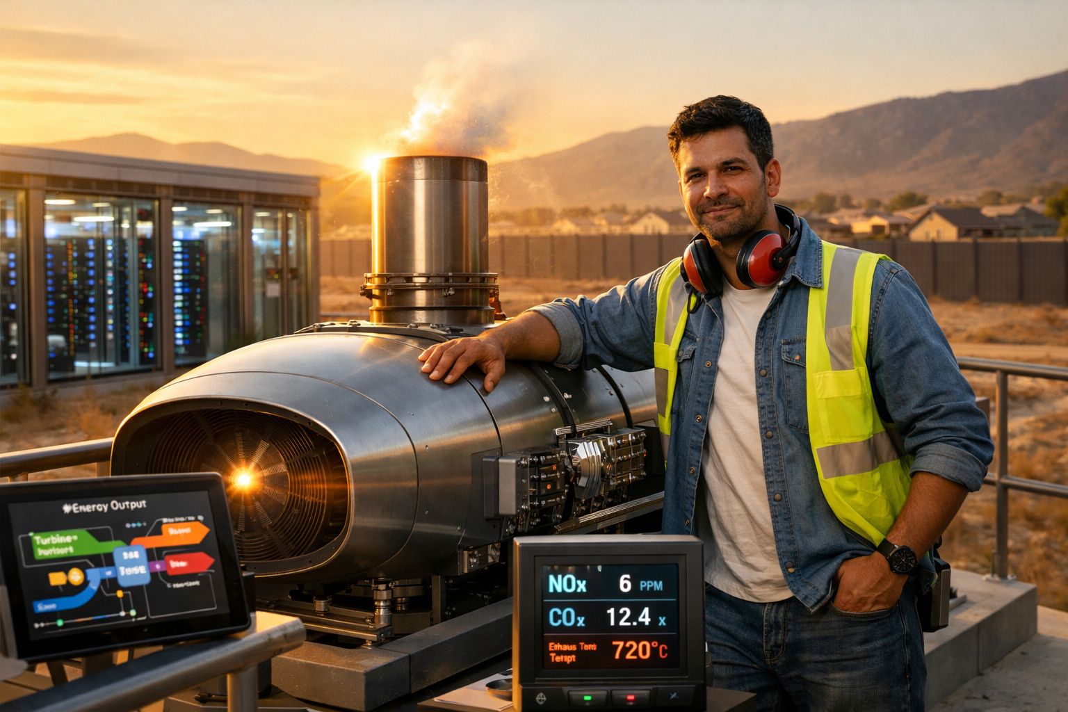 Engenheiro com colete de segurança junto a equipamento industrial e monitores com dados de emissões e energia ao pôr do sol.
