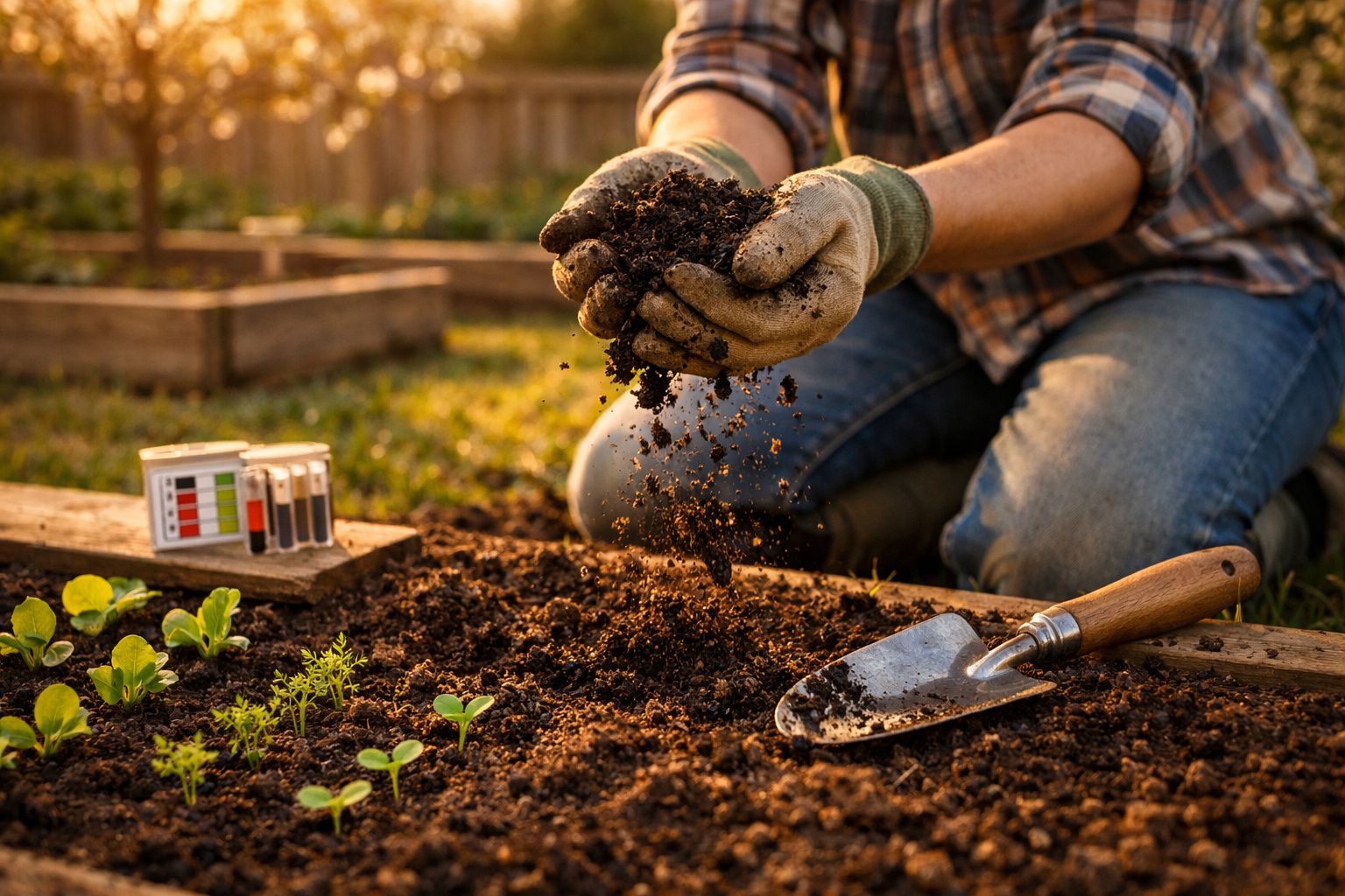 Pessoa com luvas a segurar terra húmida sobre uma horta com rebentos verdes e uma pequena pá de jardinagem.