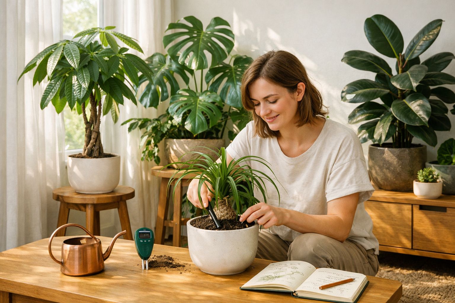 Mulher cuida de planta num vaso enquanto está sentada junto a várias plantas de interior em sala iluminada.