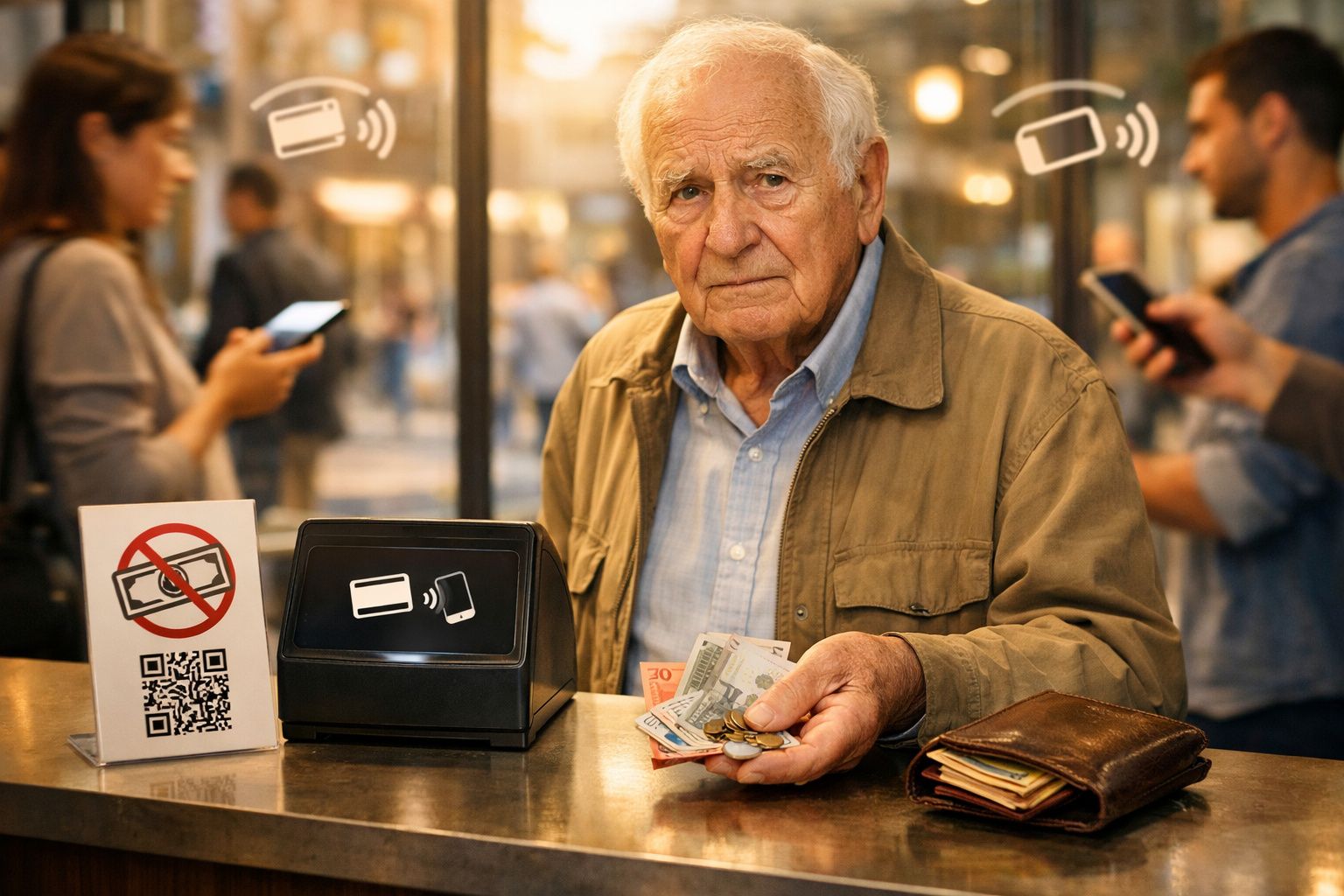 Idoso a mostrar dinheiro na mão junto a terminal que indica pagamento sem dinheiro físico num estabelecimento.