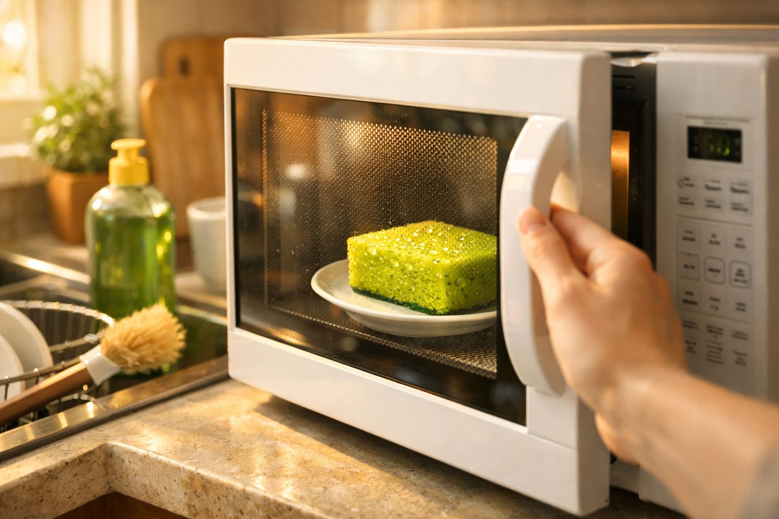 Pessoa a abrir micro-ondas branco com esponja verde e prato branco dentro, em cozinha iluminada.