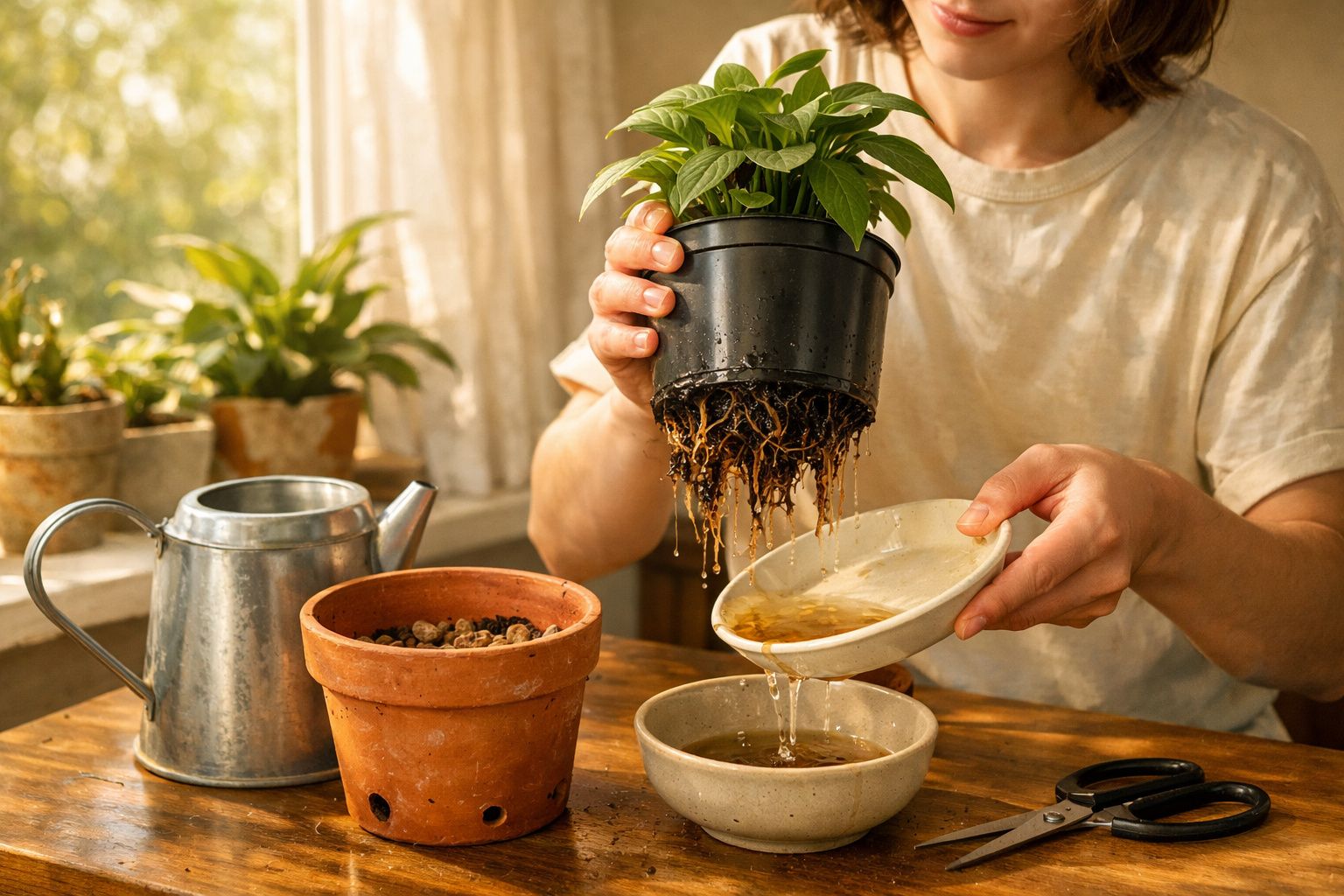 Pessoa a retirar planta de vaso preto para replantar em vaso de barro num ambiente interior iluminado.