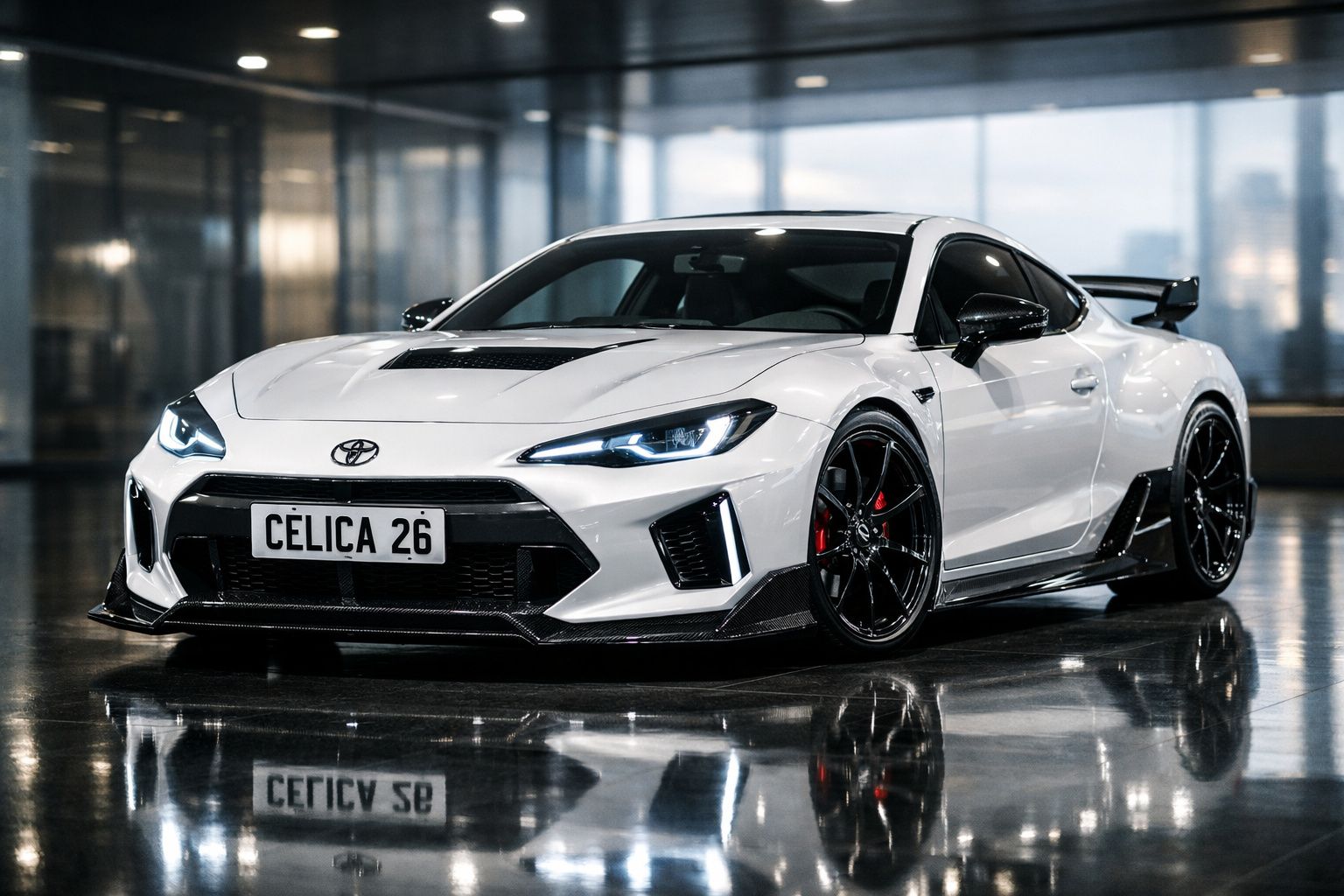 Carro desportivo branco Toyota Celica 26 com faróis LED e jantes negras, estacionado em piso refletor.