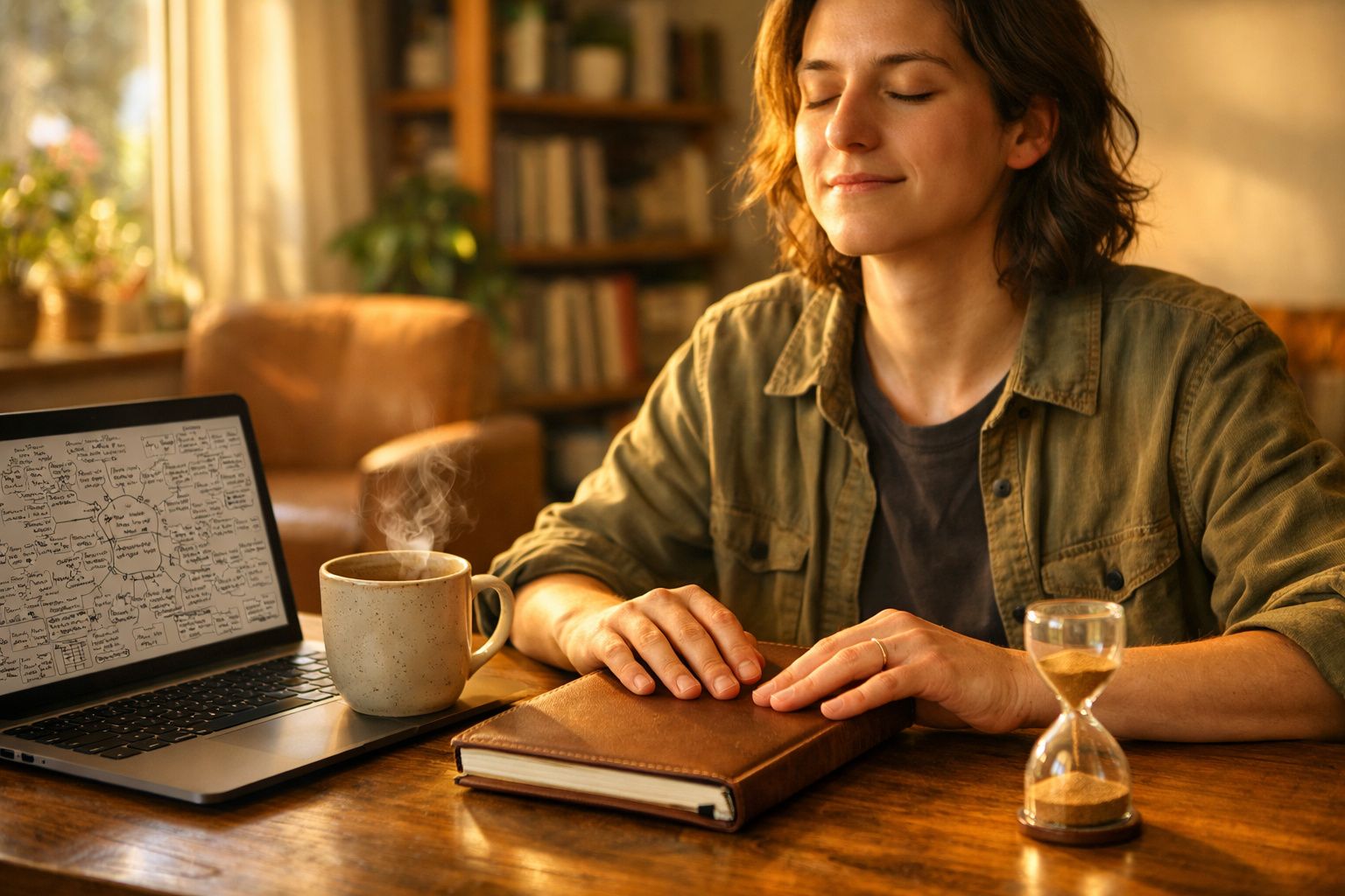 Mulher sentada com os olhos fechados a apreciar momento de tranquilidade com diário, café e ampulheta na mesa.