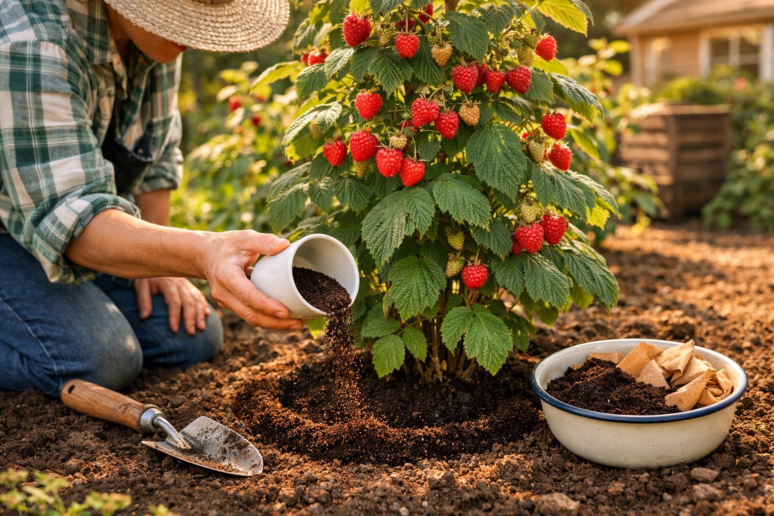 Pessoa a adubar planta de framboesas vermelhas no solo de um jardim ensolarado.